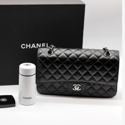 샤넬 클래식 캐비어 미디움 블랙 골드/실버 - Chanel Classic Caviar Medium Bag- chb0013