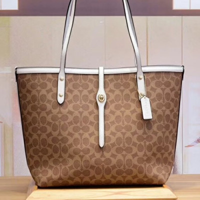 Coach Leather Market Tote Shoulder Shopper Bag,31cm - 코치 레더 마켓 토트 숄더 쇼퍼백 COAB0056,31cm,브라운+화이트