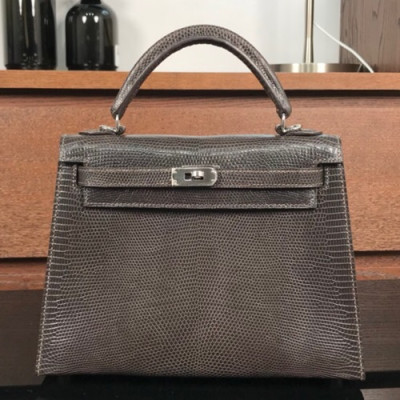 Hermes Kelly Lizard Leather Tote Shoulder Bag ,25cm - 에르메스 켈리 리저드 레더 여성용 토트 숄더백 HERB0101,25cm,브라운