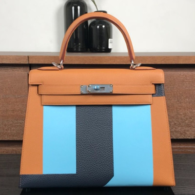 Hermes Kelly Leather Tote Shoulder Bag ,28cm - 에르메스 켈리 레더 여성용 토트 숄더백 HERB0102,28cm,브라운+블루