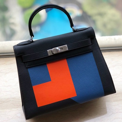 Hermes Kelly Leather Tote Shoulder Bag ,28cm - 에르메스 켈리 레더 여성용 토트 숄더백 HERB0132,28cm,블랙+블루