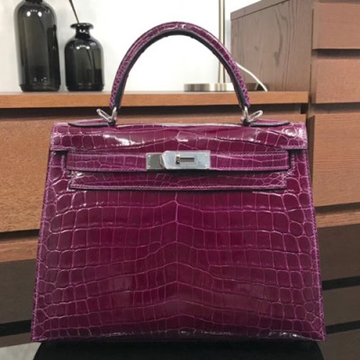 Hermes Kelly Crocodile Leather Tote Shoulder Bag ,28cm - 에르메스 켈리 크로거다일 레더 여성용 토트 숄더백 HERB0139,28cm,퍼플