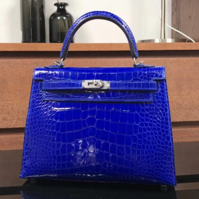 Hermes Kelly Crocodile Leather Tote Shoulder Bag ,25cm - 에르메스 켈리 크로커다일 레더 여성용 토트 숄더백 HERB0140,25cm,블루