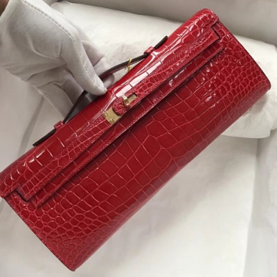 Hermes Kelly Cut Crocodile Leather Clutch Bag ,31cm - 에르메스 켈리 컷 크로커다일 레더 여성용 클러치백 HERB0164,31cm,레드(금장)