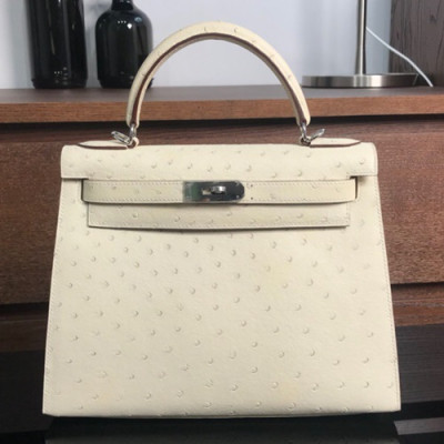 Hermes Kelly Ostrich Leather Tote Shoulder Bag ,28cm - 에르메스 켈리 오스트리치 레더 여성용 토트 숄더백 HERB0245,28cm,크림