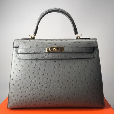 Hermes Kelly Ostrich Leather Tote Shoulder Bag ,32cm - 에르메스 켈리 오스트리치 레더 여성용 토트 숄더백 HERB0362,32cm,그레이