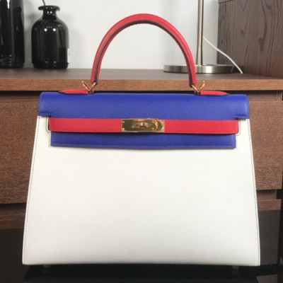 Hermes Kelly Epsom Leather Tote Shoulder Bag ,32cm - 에르메스 켈리 엡송 레더 여성용 토트 숄더백 HERB0406,32cm,화이트+블루