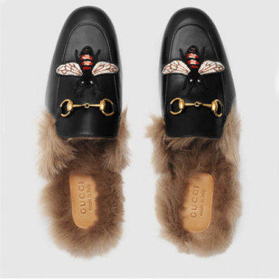 Gucci 2018 Prince Town Honeybee Embroidery Per leather Slippers - 구찌 벌 프린스타운 퍼 가죽 블로퍼 Guc0513x.Size(225 - 280)블랙