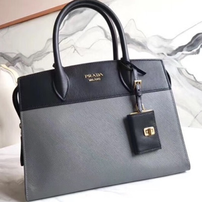 Prada Saffiano Tote Shoulder Bag,30cm - 프라다 사피아노 여성용 토트 숄더백 ,1BA046-4,30cm,그레이+블랙