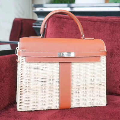 Hermes Kelly Picnic Rattan Tote Bag ,35cm - 에르메스 켈리 피크닉 라탄 여성용 토트백 HERB0653,35cm,브라운