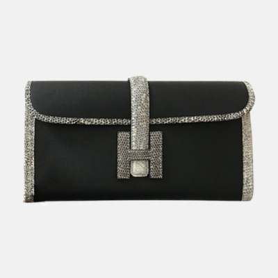 Hermes Jige Swift & Lizard Leather Clutch Bag ,29cm - 에르메스 지제 스위프트 & 리저드 레더 여성용 클러치백 HERB0689,29cm,블랙