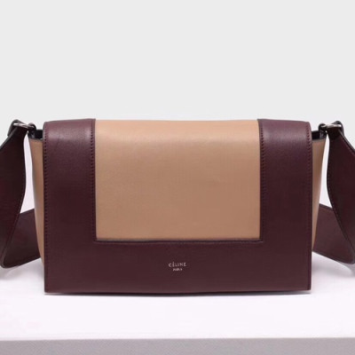 Celine Leather Frame Shoulder Bag,25CM - 셀린느 레더 프레임 여성용 숄더백 ,43343-22,25CM,와인+다크베이지