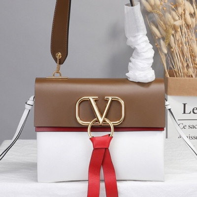 Valentino 2019 V-ring Leather Shoudler Bag,24CM - 발렌티노 2019 브이링 여성용 레더 숄더백 ,VTB0063,24CM,브라운+화이트