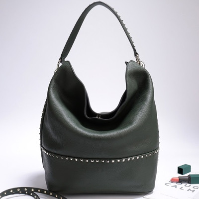 Valentino 2019 Leather Rockstud Bucket Tote Shoudler Bag,38CM - 발렌티노 2019 레더 락스터드 버킷 토트 숄더백,VTB0096,38CM,다크그린