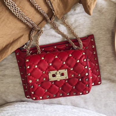 Valentino 2019 Leather Garavani Rockstud Spike Chain Shoudler Bag,20CM - 발렌티노 2019 레더 가라바니 락스터드 스파이크 체인 숄더백,VTB0188,20CM,레드