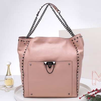 [마법의 수납력]Valentino 2019 Leather Rockstud Tote Shoudler Bag,33CM - 발렌티노 2019 레더 락스터드 토트 숄더백, VTB0246,33CM,핑크