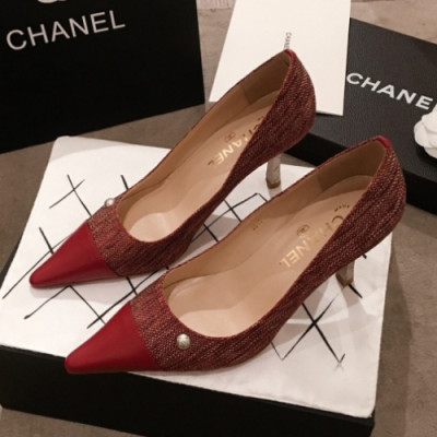 [미니멀]Chanel 2019 Women's Pearl CC Logo Jacquard Pumps - 샤넬 여성 진주 CC로고 자카드 펌프스 Cnl0376x.Size(225 - 250).레드