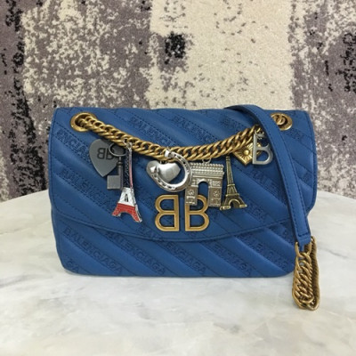 Balenciaga 2019 BB Round Leather Chain Shoulder Bag,22CM - 발렌시아가 2019 BB 라운드 레더 체인 숄더백,BGB0246,22CM,블루(옐로우골드),블루(실버)