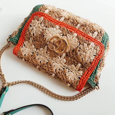 Gucci GG Marmont Raffia Women Chain Shoulder Bag,26CM - 구찌 GG 마몬트 라피아 여성용 체인 숄더백 574433,GUB0655,26CM,브라운+레드