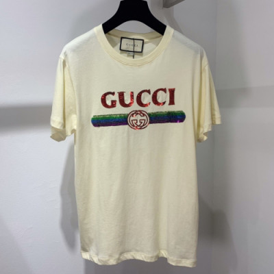 Gucci 2019 Mm/Wm Glitter Logo Cotton Short Sleeved Clothes - 구찌 남자 글리터 로고 코튼 반팔티 Guc0393x.Size(xs - l).아이보리