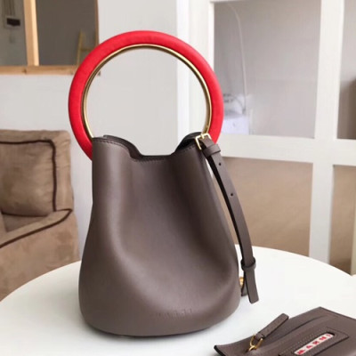 Marni 2019 Leather Pannier Bucket Tote Shoulder Bag,19CM - 마르니 2019 레더 파니에 버킷 토트 숄더백, MARB0010,19CM,브라운그레이