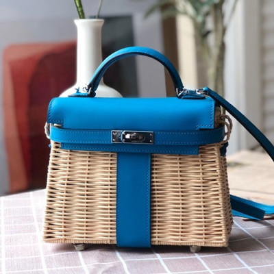 Hermes 2019 Kelly Picnic Rattan Tote Bag ,20cm - 에르메스 2019 켈리 피크닉 라탄 여성용 토트백 HERB0731,20cm,블루