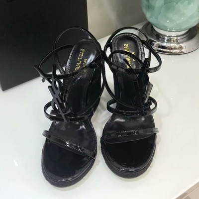 Saint Laurent 2019 Womens Metal Logo Strap Wedge Sandal - 입생로랑 2019 여성용 메탈로고 스트랩 웨지샌들 SLS0001.Size(220 - 250).블랙