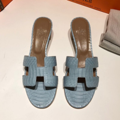 Hermes 2019 Ladies Oasis Leather Middle Heel Slipper - 에르메스 2019 여성용 오아시스 레더 미들힐 슬리퍼 HERS0098,Size(225 - 250).스카이블루