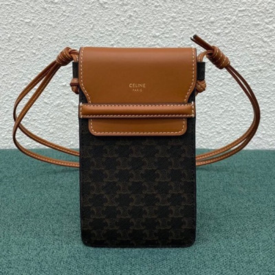 Celine 2020 Triomphe Canvas & Leather Phone Bag / Shoulder Bag,19CM - 셀린느 2020 트리옴페 캔버스 & 레더 폰백 / 숄더백 ,100332,19CM,브라운