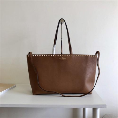 [발렌티노] Valentino 2020 Leather Women's  Rivet Tote Bag 48cm - 발렌티노 2020 리벳 토트백 VTB1027, 48cm, 브라운