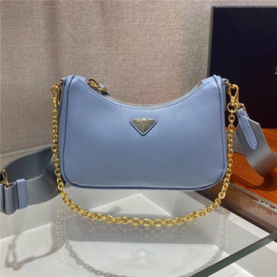 [프라다] Prada 2020 Women's Mini Leather Hobo Tote Shoulder Bag,18cm - 프라다 2020 여성용 미니 레더 호보 토트 숄더백,18cm, PRAB0159,스카이블루