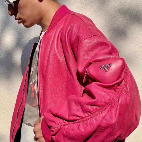 Prada Mens Logo Casual Leather Jacket Pink - 프라다 2021 남성 로고 캐쥬얼 가죽 자켓 Pra02410x Size(m - 2xl) 핑크