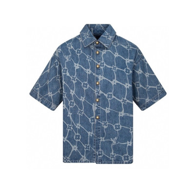 루이비통 남성 블루 반팔 셔츠 - Louis vuitton Mens Blue Shirts - lvc947x