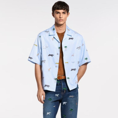 루이비통 남성 다즐링 리미티드 자수 스트라이프 반팔 셔츠 - Louis vuitton Mens Darjeeling Limited Embroidered Striped Short-Sleeve Shirt - lvc13730x