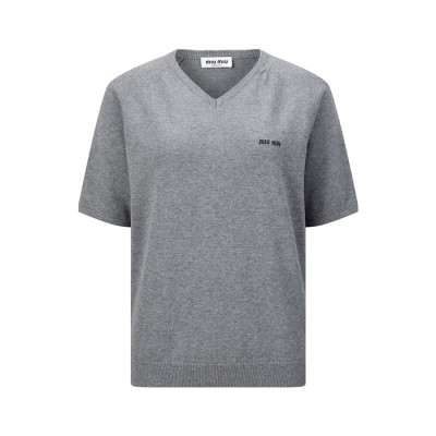 미우미우 여성 브이넥 반팔 티셔츠 - Miumiu Womens V-neck Tshirt - mic14352x